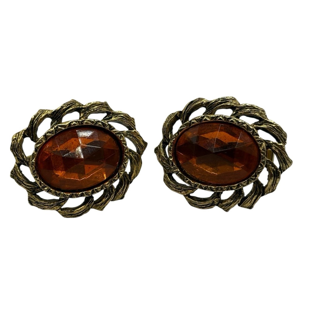 Vtg Cufflinks Harvey Avedon Orange Rhinestone Gold Tone US Pat‎ 2920363 Oval